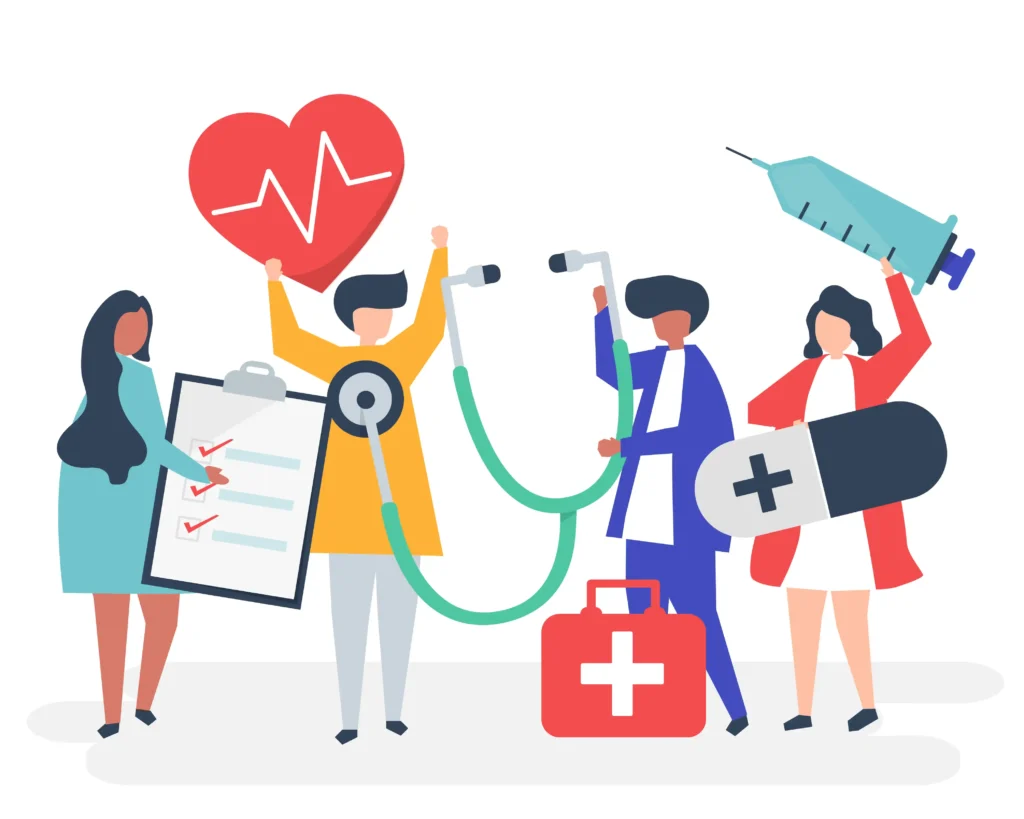 Illustration of diverse healthcare professionals holding medical tools, a heart symbol, and a checklist, symbolizing efforts to lower healthcare costs and improve affordable healthcare services.