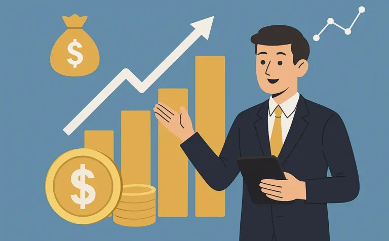 Illustration showing a businessman with financial icons and bar chart symbolizing the importance of early and consistent investing in the U.S.