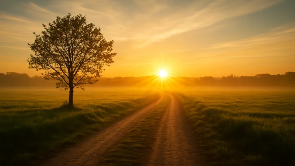 A sunrise over a peaceful countryside path, symbolizing new beginnings and the start of a financial journey with Moneywise Maven.