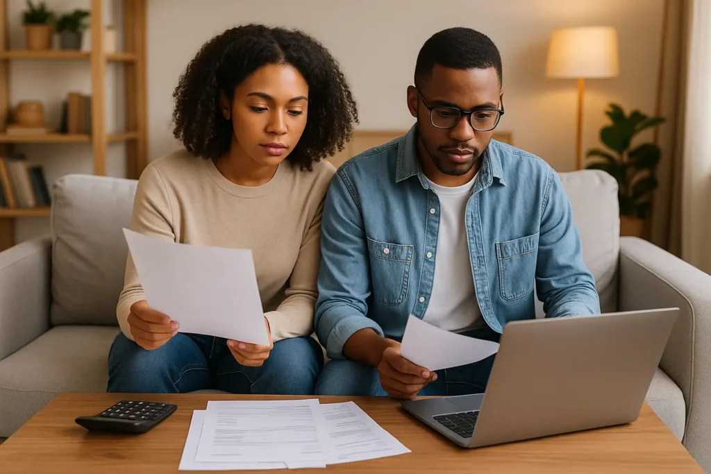 A couple looking to save money on a tight income using a personal finance app on a laptop with a calculator and notes in 2025.