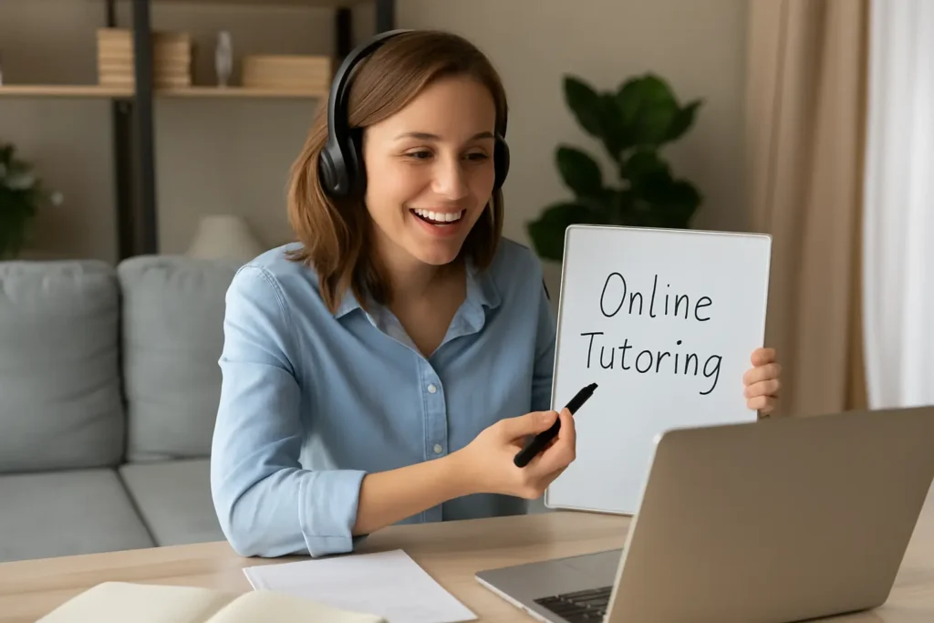 Young woman working from home on online tutoring jobs via laptop, holding a whiteboard that says “Online Tutoring.”