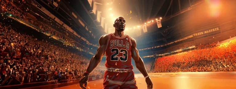 AI-generated image of a legendary basketball player Michael Jordan in a crowded arena, symbolizing the prestige and financial potential of investing in U.S. sports franchises.