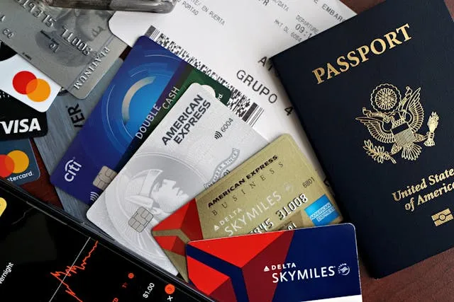 Various travel and rewards credit cards displayed alongside a U.S. passport and boarding pass