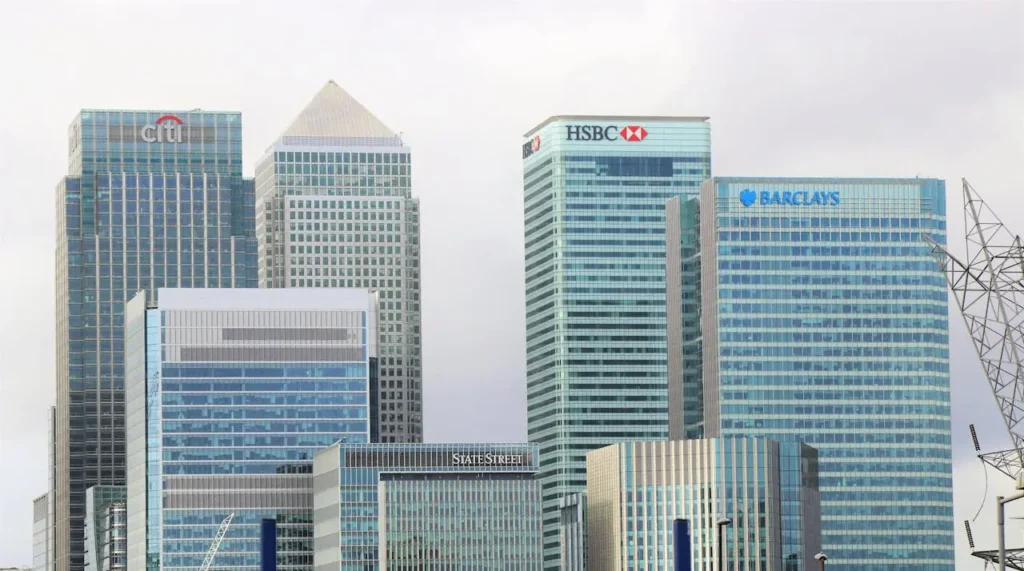 Skyline view of major global bank headquarters including Citibank, HSBC, Barclays, and State Street.